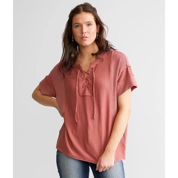 BKE Lace Up Waffle Knit Top Size Large Short Sleeve Raw Edge Rose Pink Essential - Picture 1 of 9